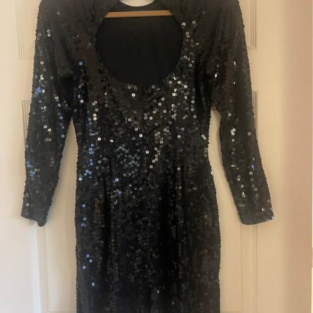 Night Lines VTG Sequence Silk Mini Open Back Black Dress Goth dark Romance Sz 4